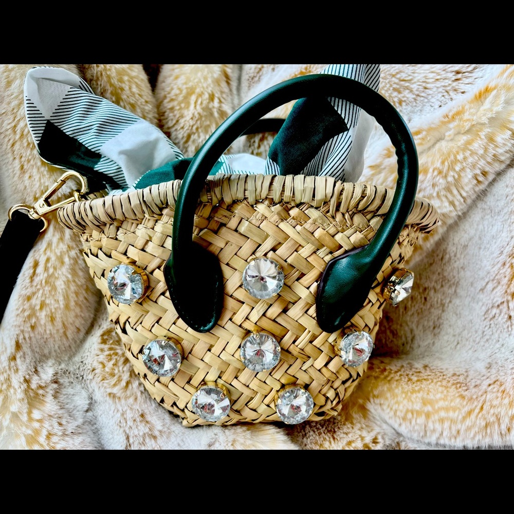 Zara rattan basket purse embellished with crystals on both sides. Emerald strap.